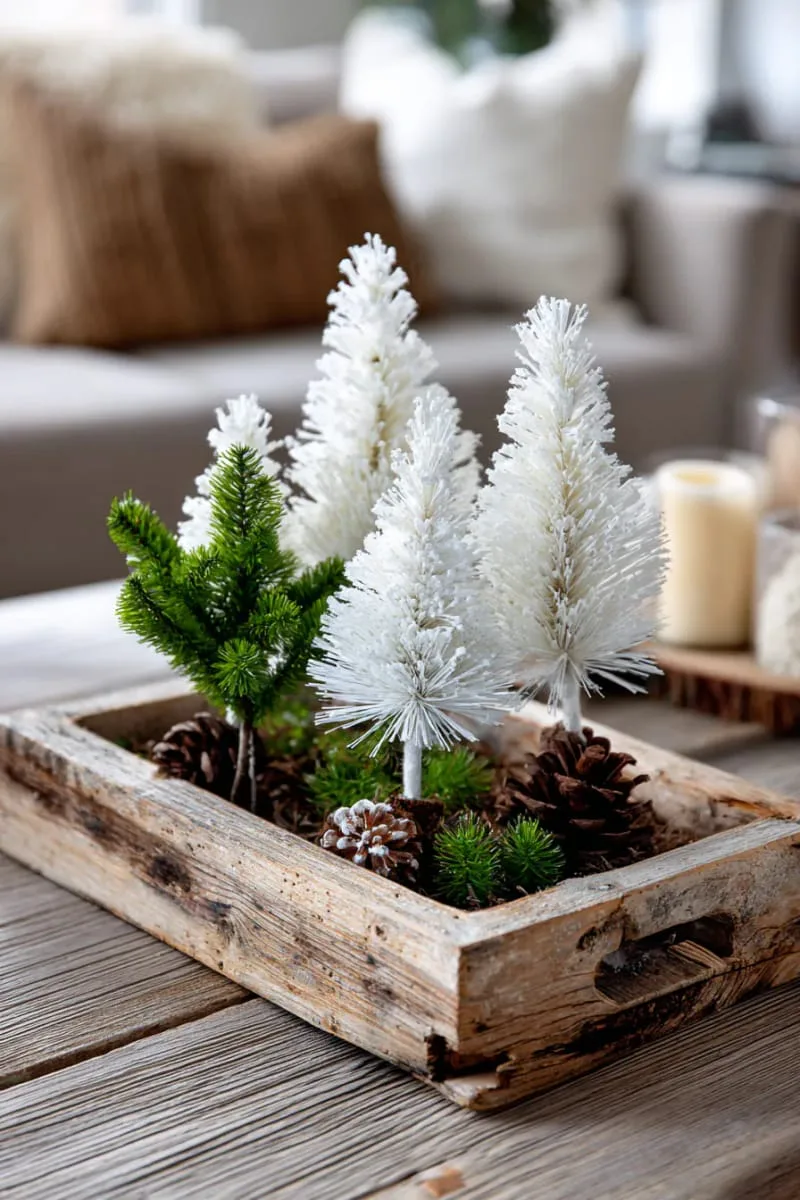 25 New Gorgeous White Christmas Decor Ideas That Wow 23 white bottle brush trees arranged on a rustic wooden tray 1
