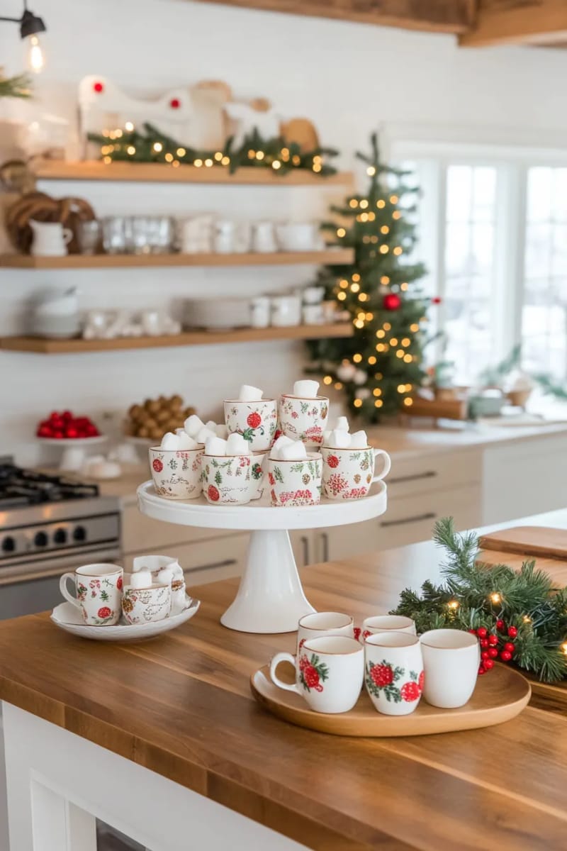 23 Christmas Countertop Decor Ideas Guests Can’t Stop Talking About 34 white cake stand topped with stacked christmas mugs and marshmallows 1