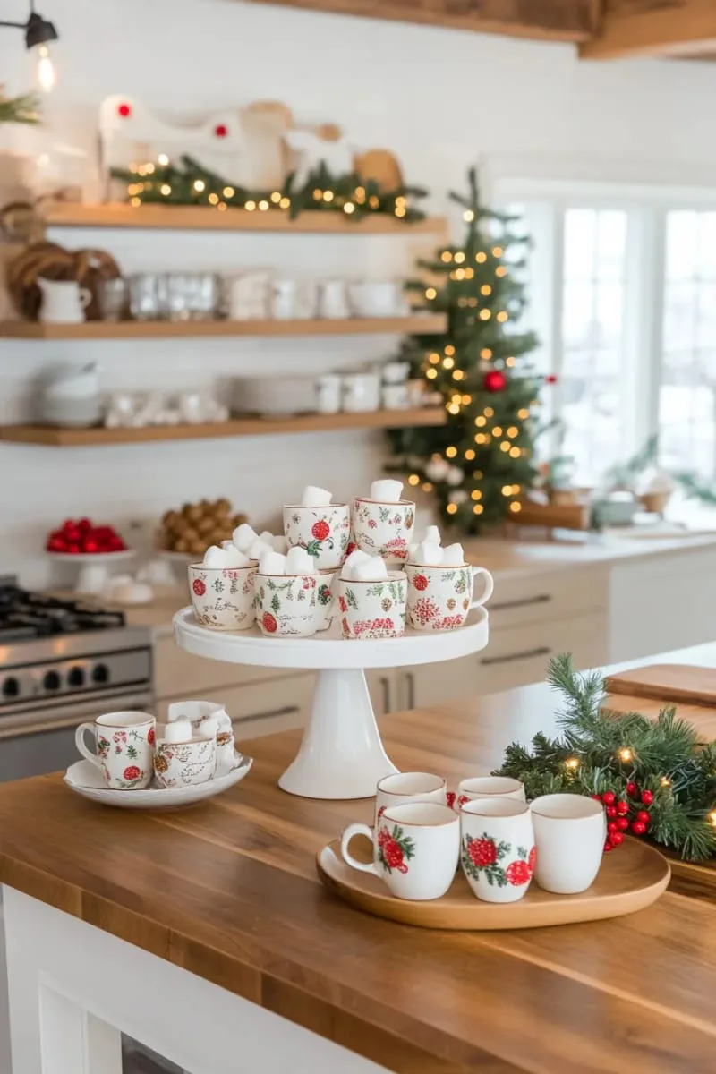 23 Christmas Countertop Decor Ideas Guests Can’t Stop Talking About 53 white cake stand topped with stacked christmas mugs and marshmallows 1