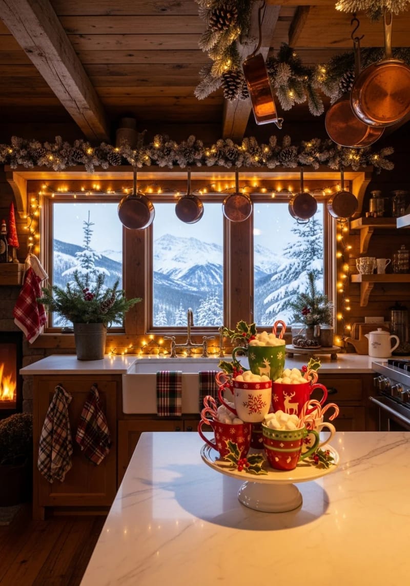 23 Christmas Countertop Decor Ideas Guests Can’t Stop Talking About 35 white cake stand topped with stacked christmas mugs and marshmallows 1