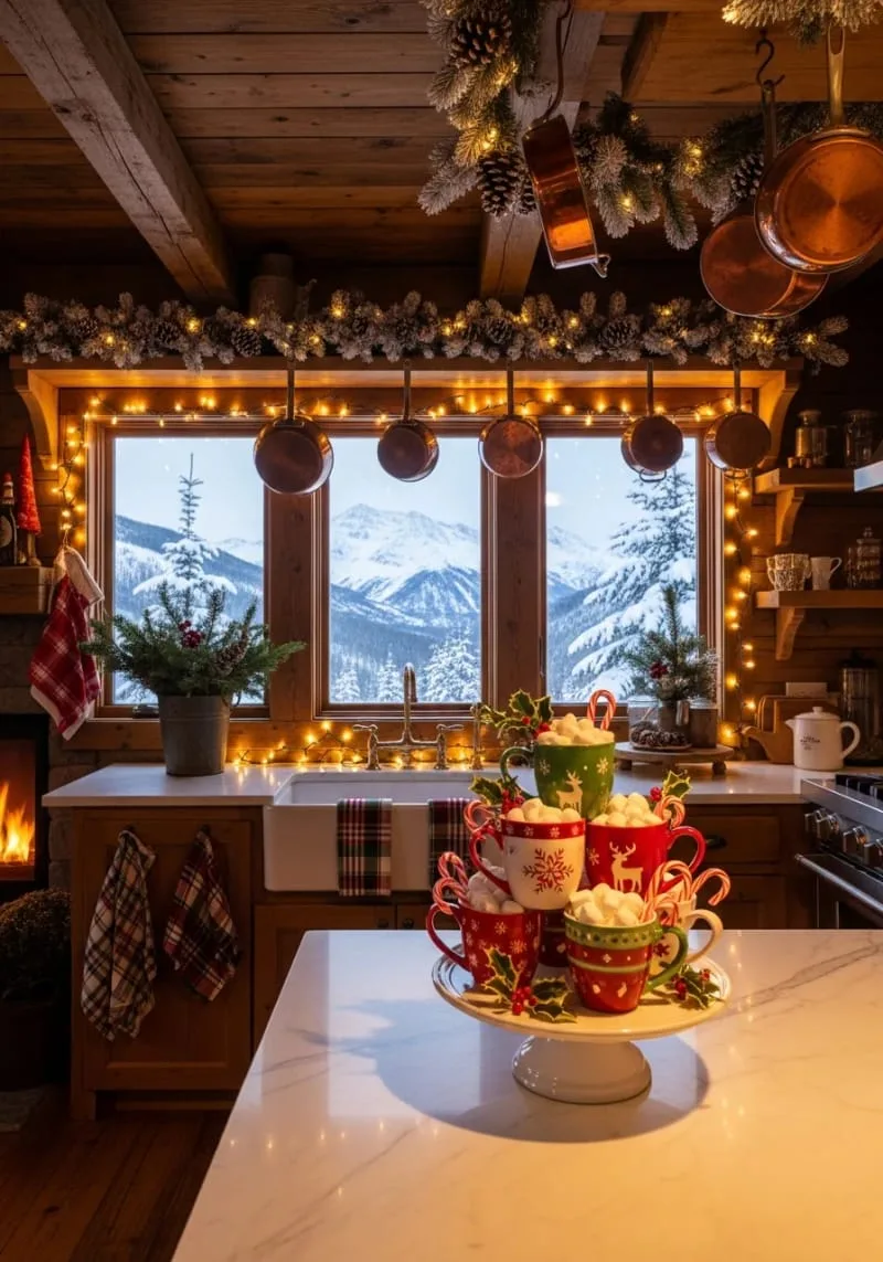 23 Christmas Countertop Decor Ideas Guests Can’t Stop Talking About 54 white cake stand topped with stacked christmas mugs and marshmallows 1