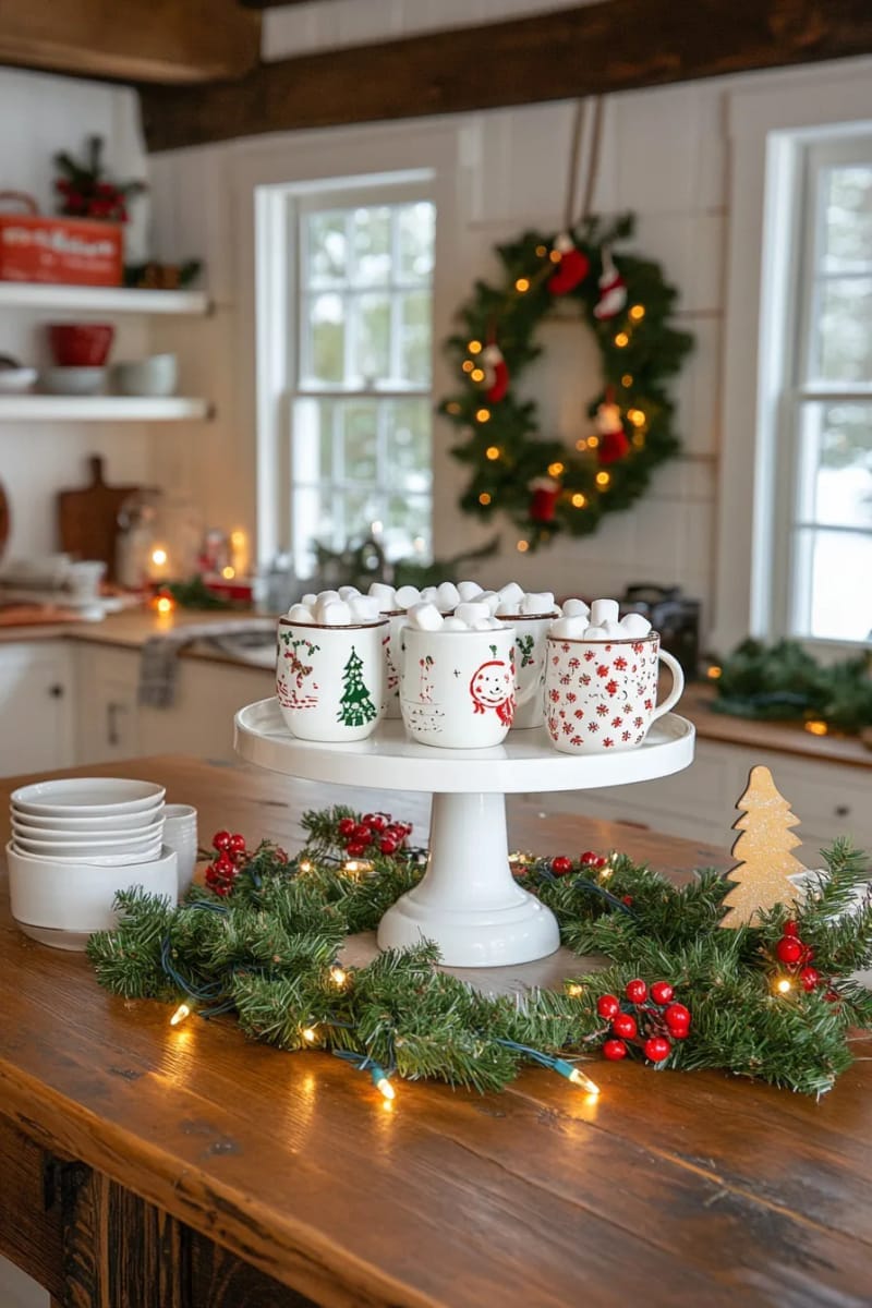 23 Christmas Countertop Decor Ideas Guests Can’t Stop Talking About 36 white cake stand topped with stacked christmas mugs and marshmallows 1
