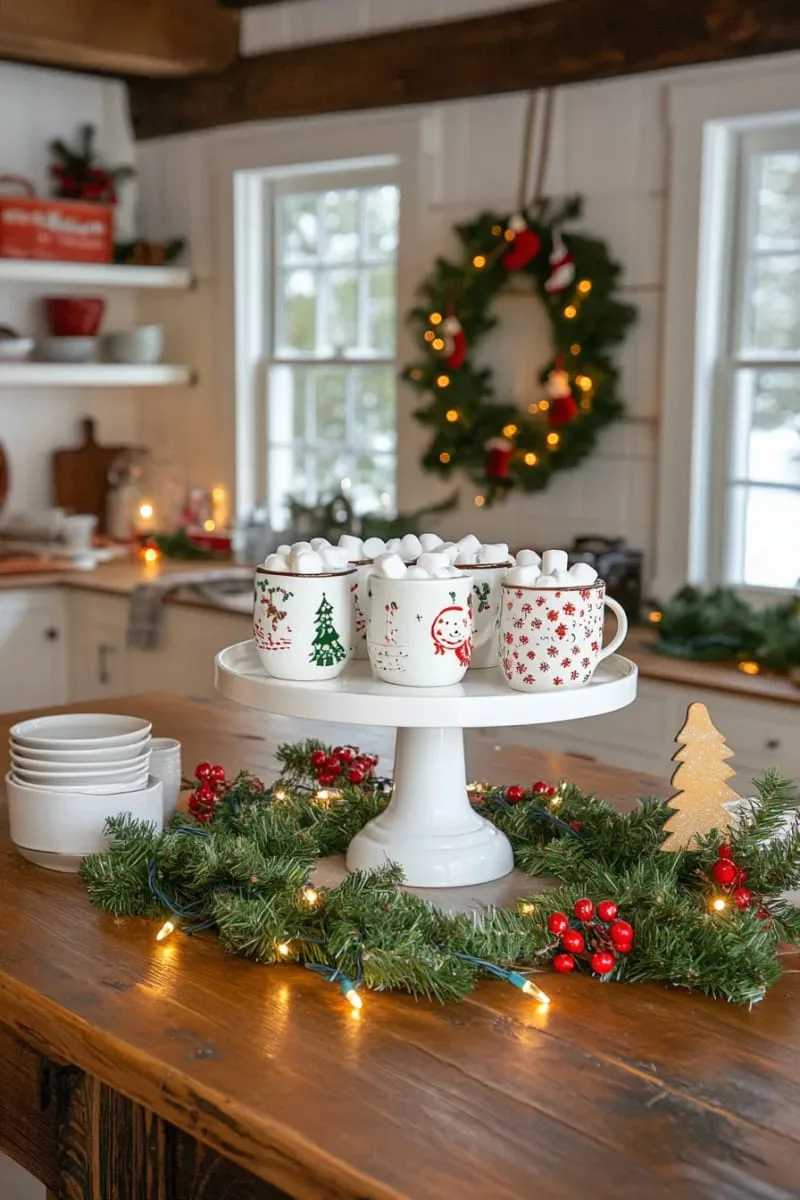 23 Christmas Countertop Decor Ideas Guests Can’t Stop Talking About 57 white cake stand topped with stacked christmas mugs and marshmallows 1
