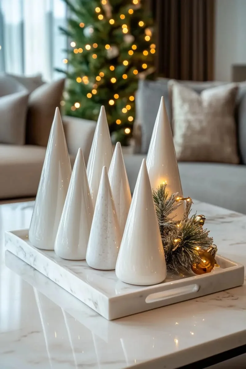 white ceramic christmas trees of varying heights on a marble tray 1