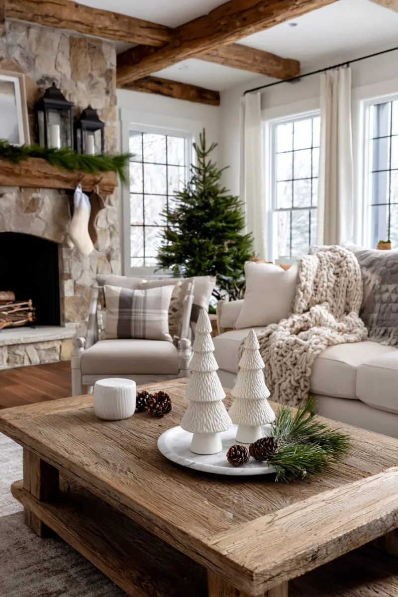 white ceramic christmas trees of varying heights on a marble tray 1