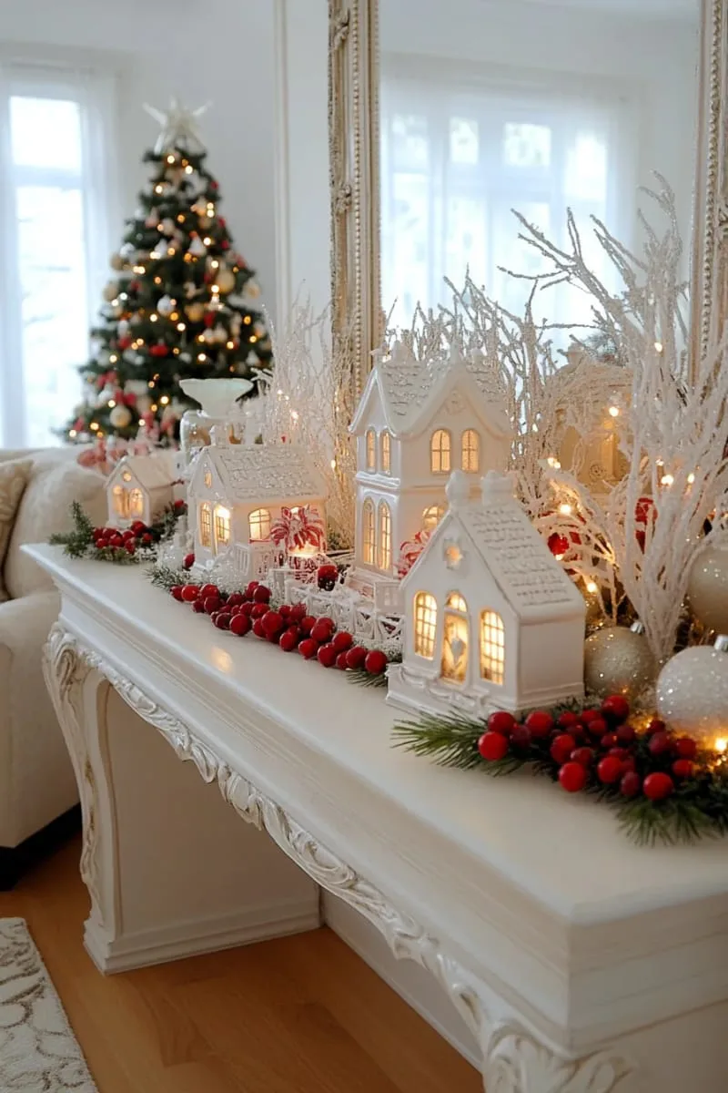 white ceramic christmas village with twinkling lights and cranberries 1