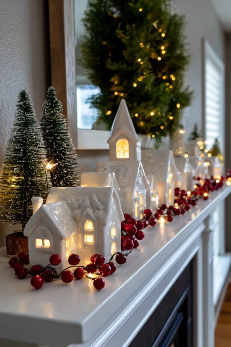 29 Stylish Christmas Mantle Decor Ideas to Inspire Your Home 25 white ceramic christmas village with twinkling lights and cranberries 1