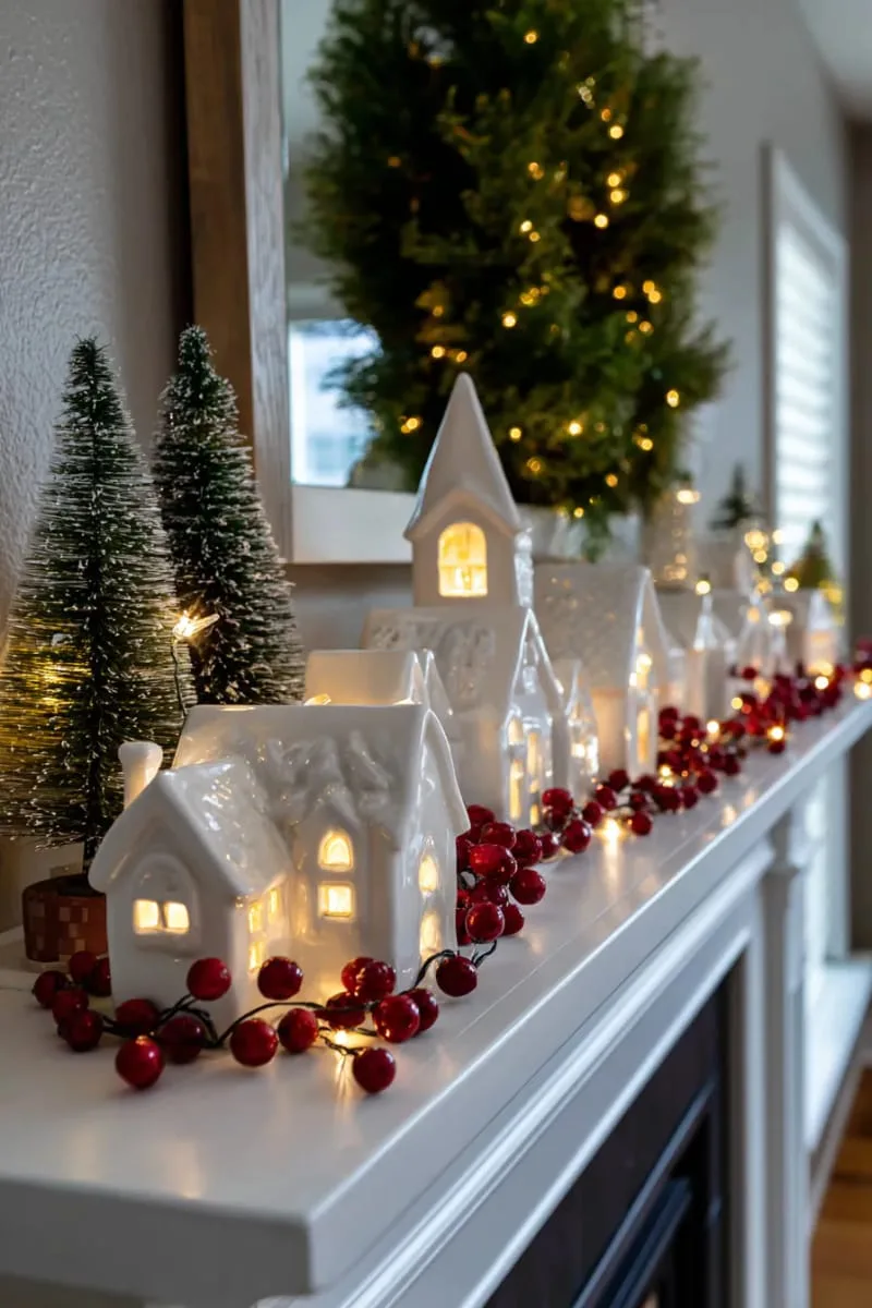 white ceramic christmas village with twinkling lights and cranberries 1
