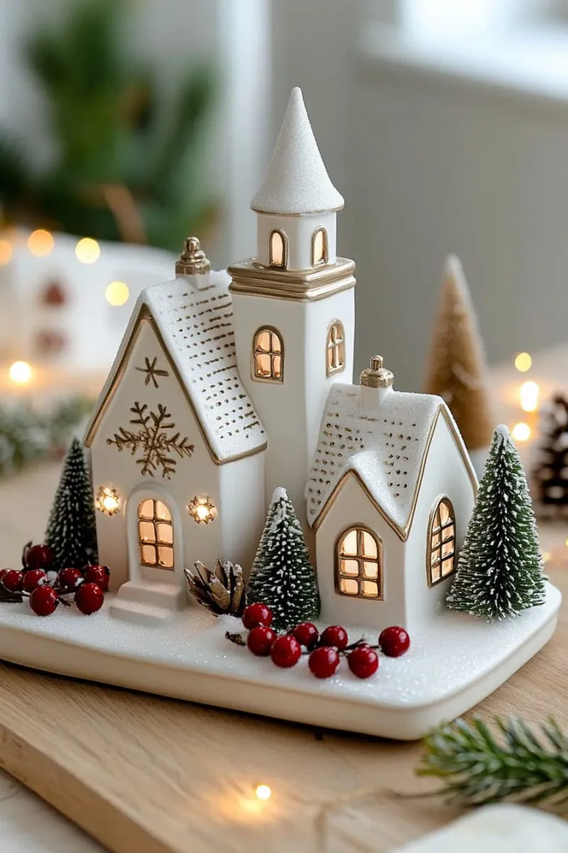 white ceramic christmas village with twinkling lights and cranberries 1