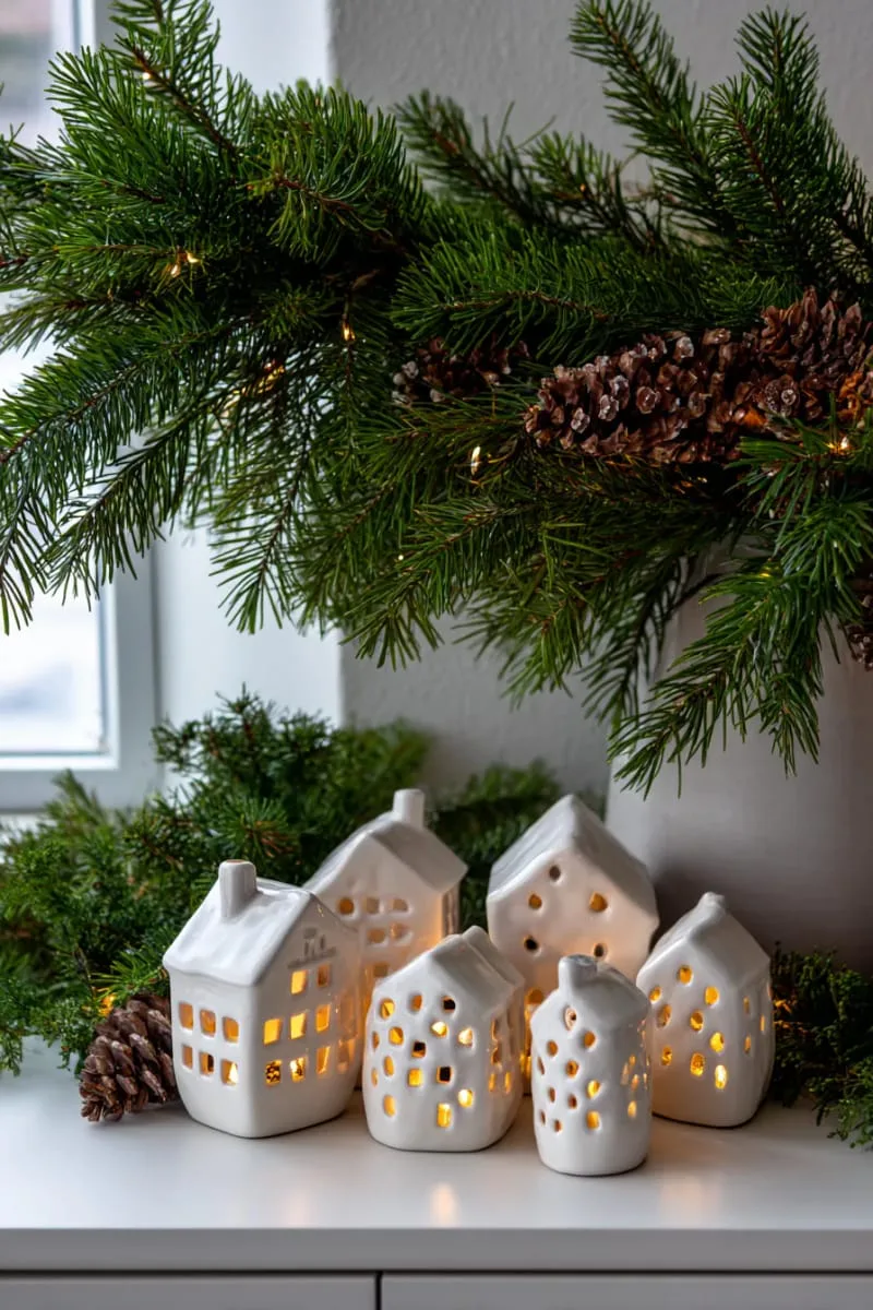 white ceramic houses glowing softly beneath a pine branch swag 1
