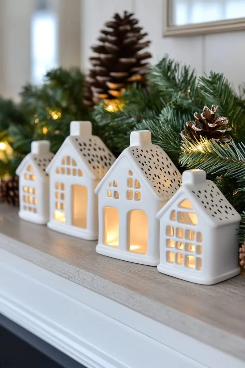 white ceramic houses glowing softly beneath a pine branch swag 1
