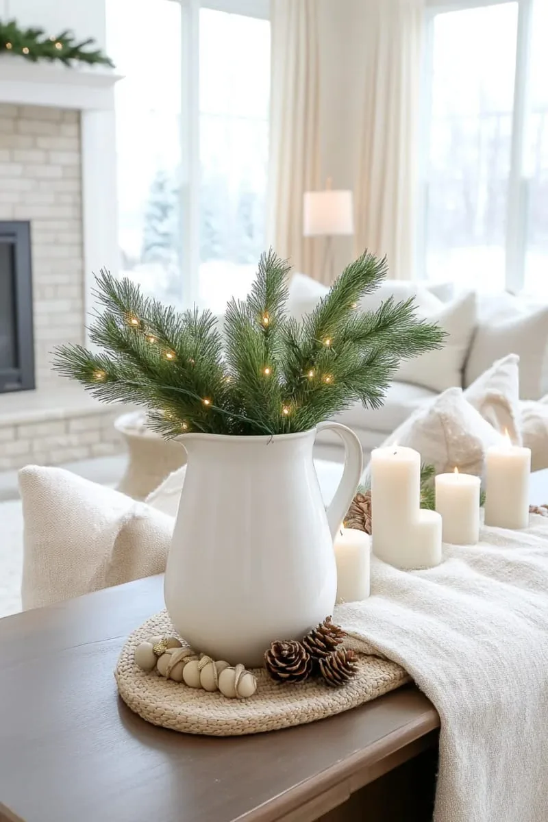 white ceramic pitcher filled with fresh evergreen clippings 1