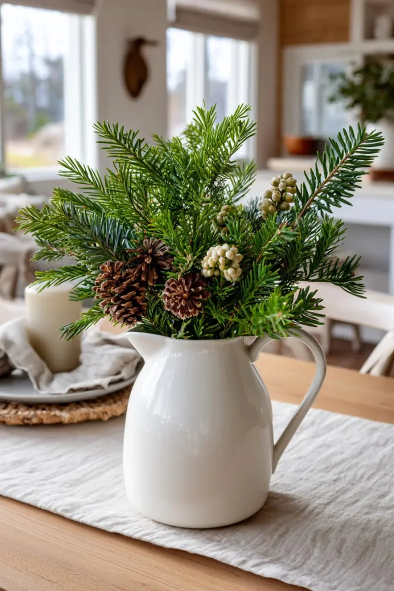 white ceramic pitcher filled with fresh evergreen clippings 1
