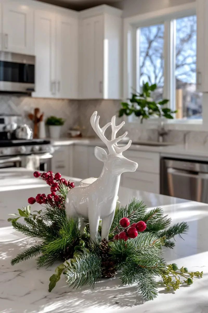 29 Creative Christmas Kitchen Decor Ideas You'll Absolutely Love 34 white ceramic reindeer on the countertop with greenery 1