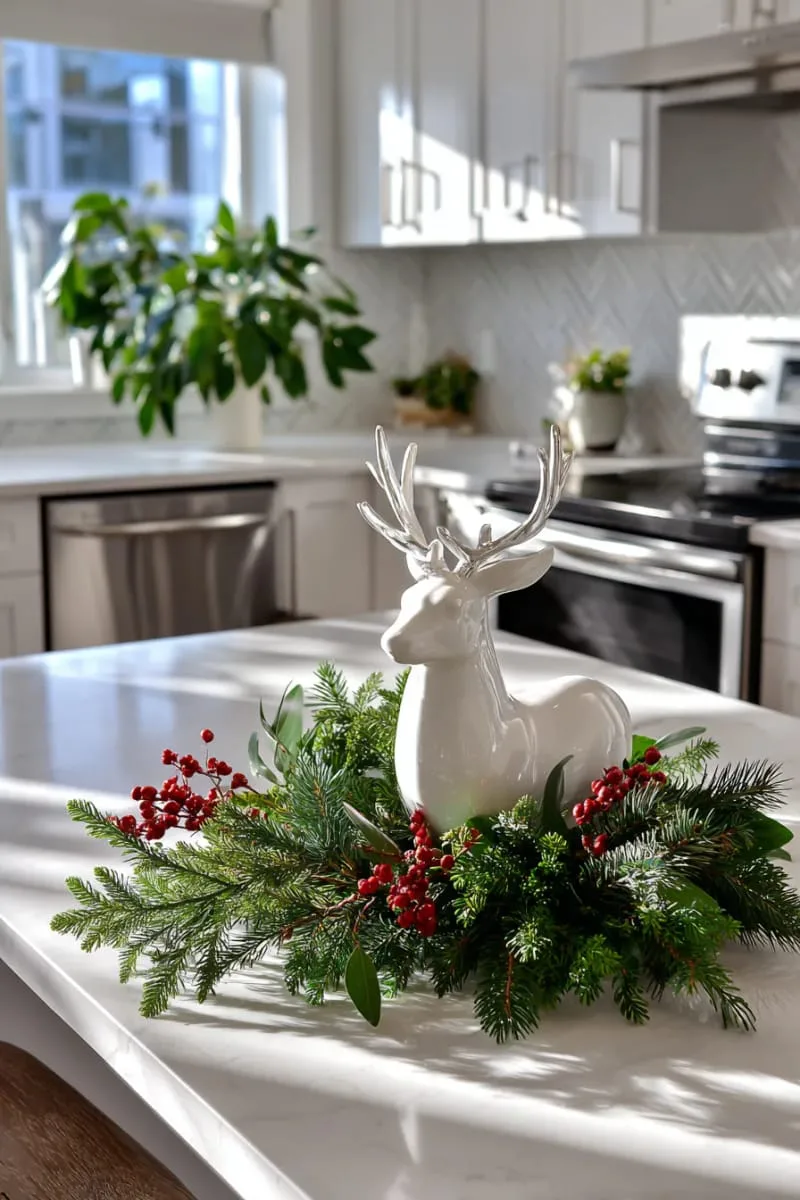 29 Creative Christmas Kitchen Decor Ideas You'll Absolutely Love 35 white ceramic reindeer on the countertop with greenery 1