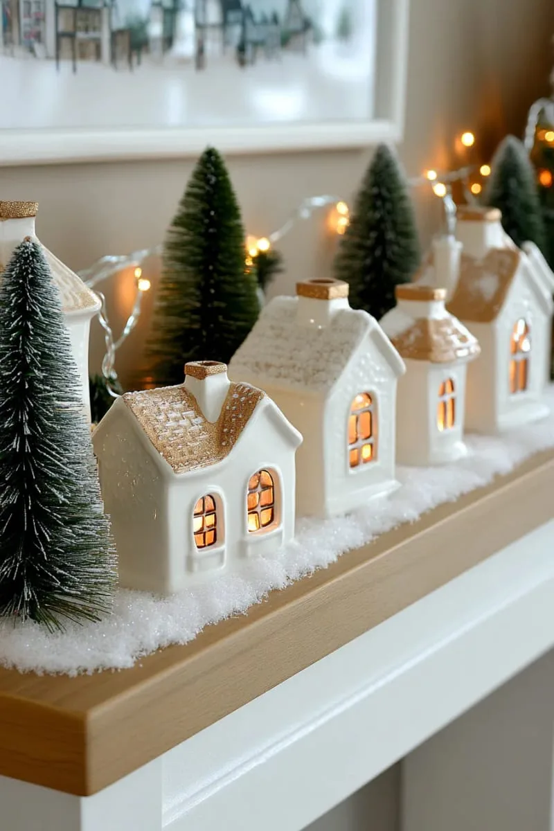 25 New Gorgeous White Christmas Decor Ideas That Wow 7 white ceramic village houses glowing softly under artificial snow 1