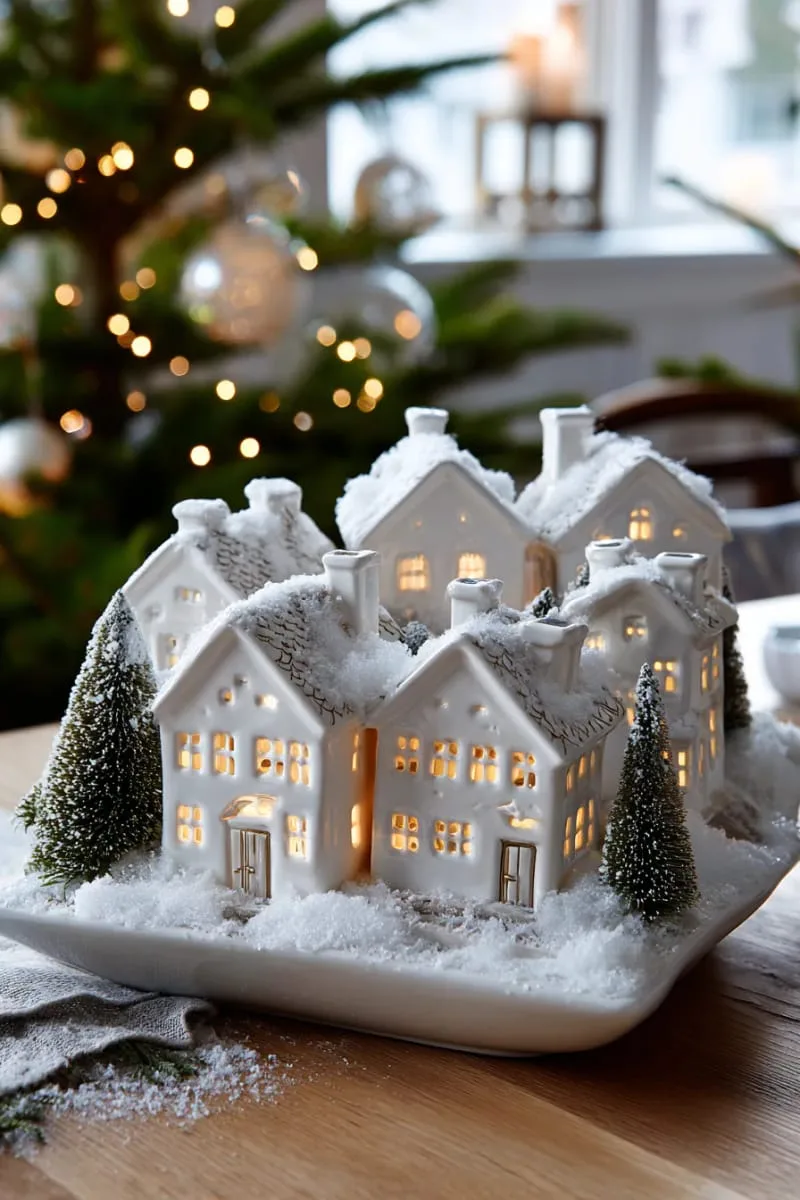 25 New Gorgeous White Christmas Decor Ideas That Wow 8 white ceramic village houses glowing softly under artificial snow 1