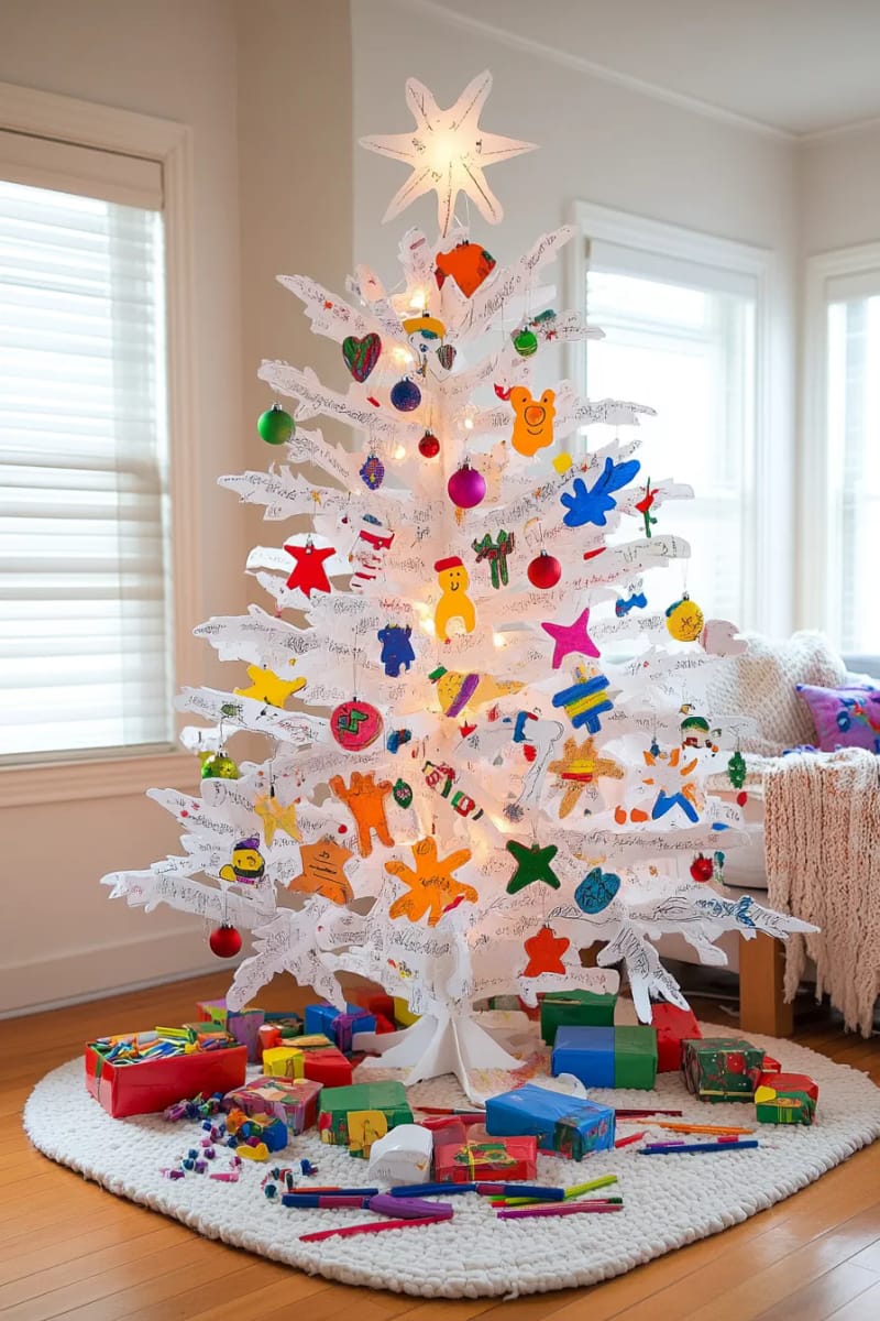 23 Kids Christmas Tree Ideas Full of Color, Whimsy, and Holiday Cheer 16 white christmas tree decorated only with handmade kid art as ornaments 1