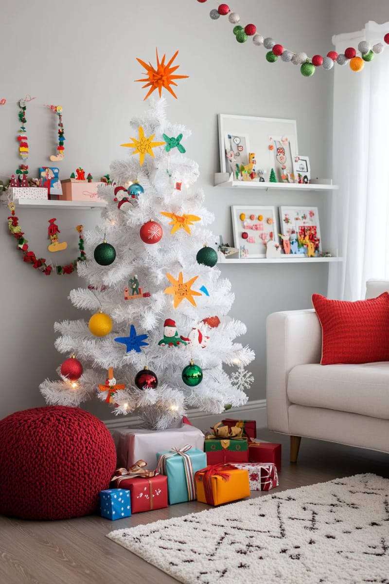 23 Kids Christmas Tree Ideas Full of Color, Whimsy, and Holiday Cheer 17 white christmas tree decorated only with handmade kid art as ornaments 1