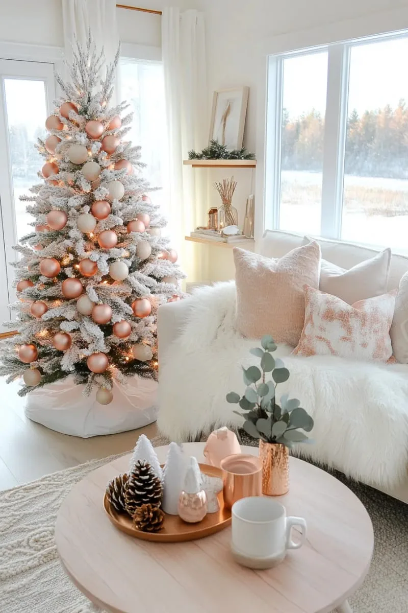 white christmas tree with blush ornaments and neutral cozy living room decor 1
