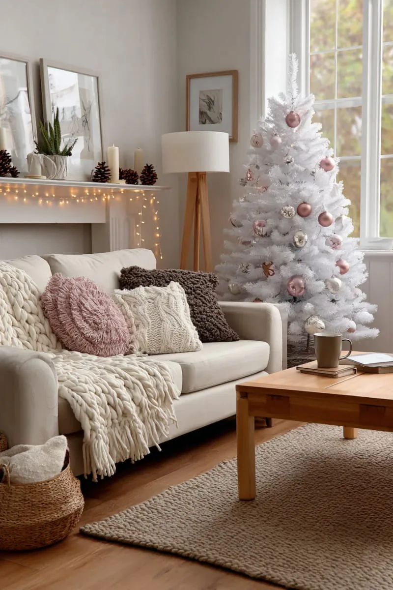 white christmas tree with blush ornaments and neutral cozy living room decor 1