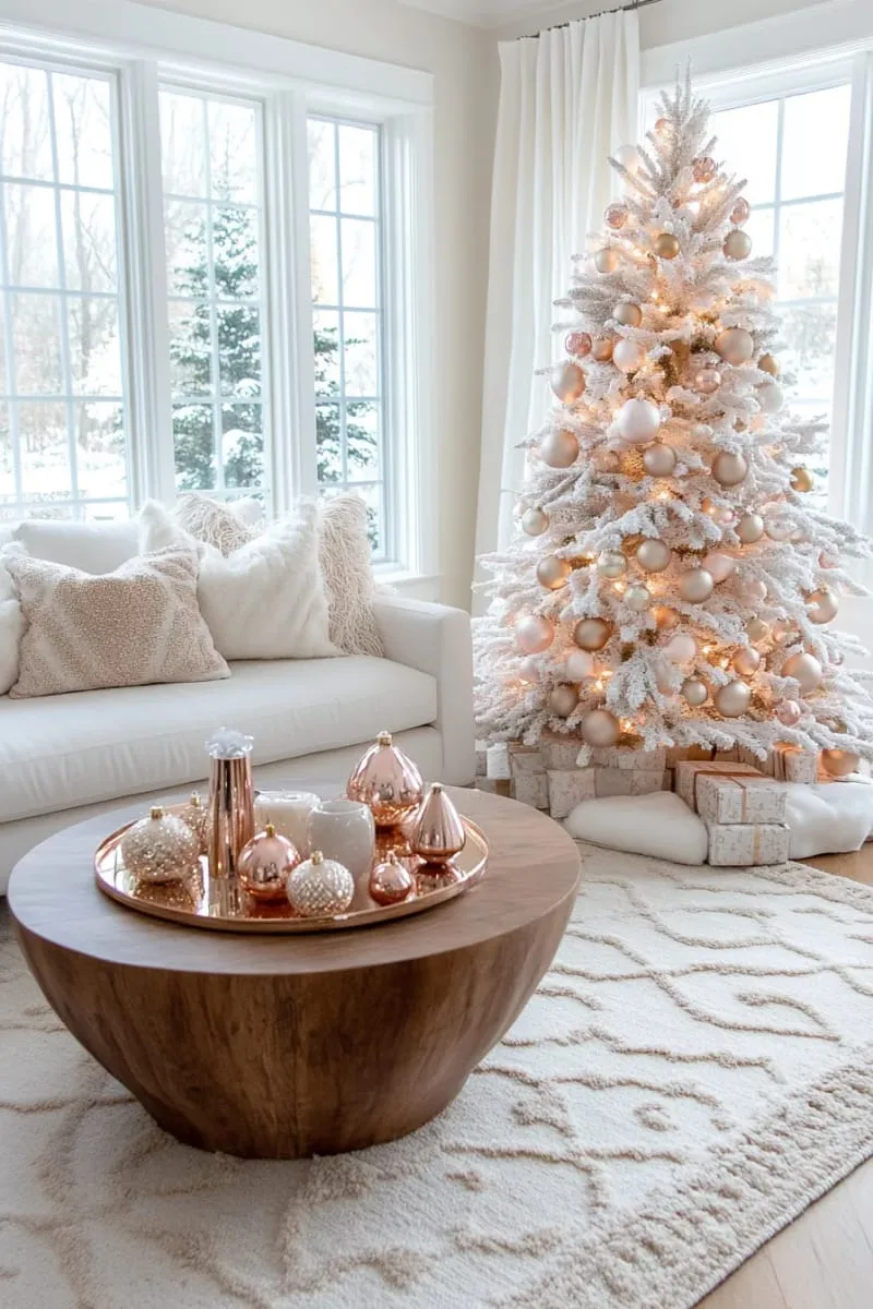 white christmas tree with blush ornaments and neutral cozy living room decor 1