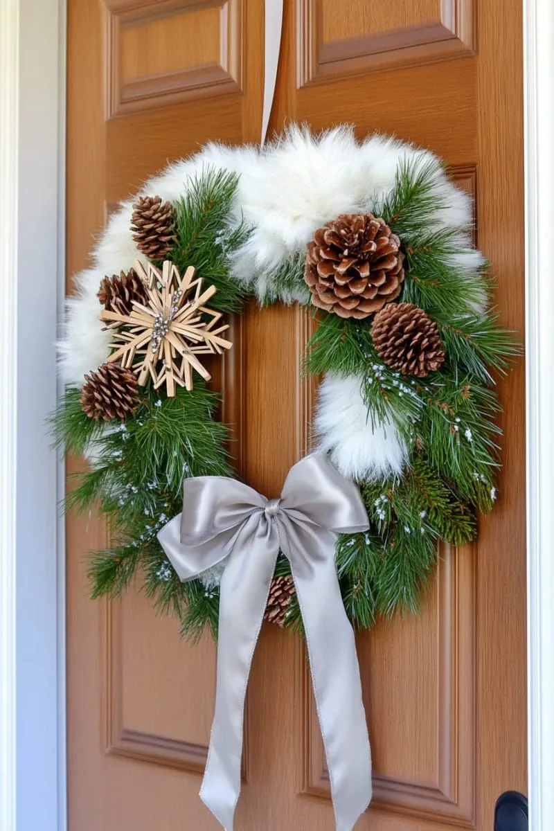 27 Stunning Christmas Decoration Crafts for a Unique 2025 110 white faux fur and pinecone wreath with mini clothespin snowflakes 1