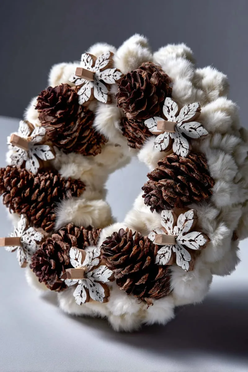 27 Stunning Christmas Decoration Crafts for a Unique 2025 111 white faux fur and pinecone wreath with mini clothespin snowflakes 1