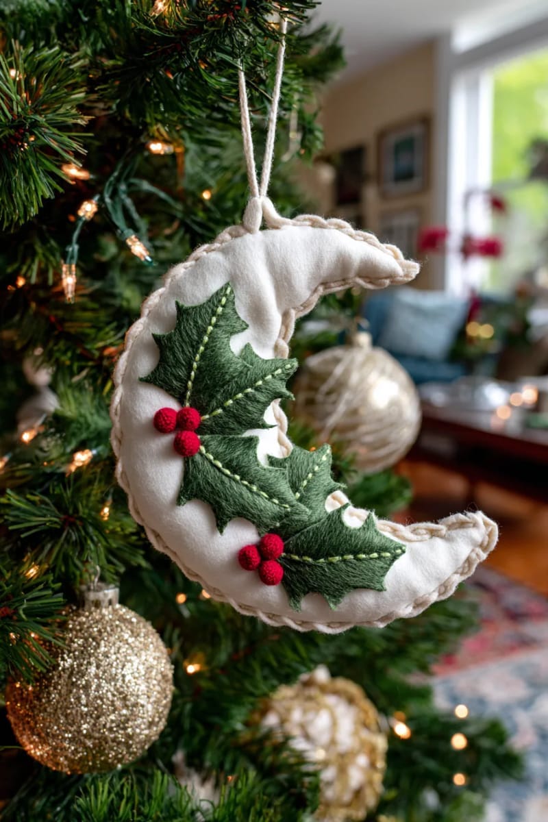 white felt crescent moon with tiny holly leaves and berries 1
