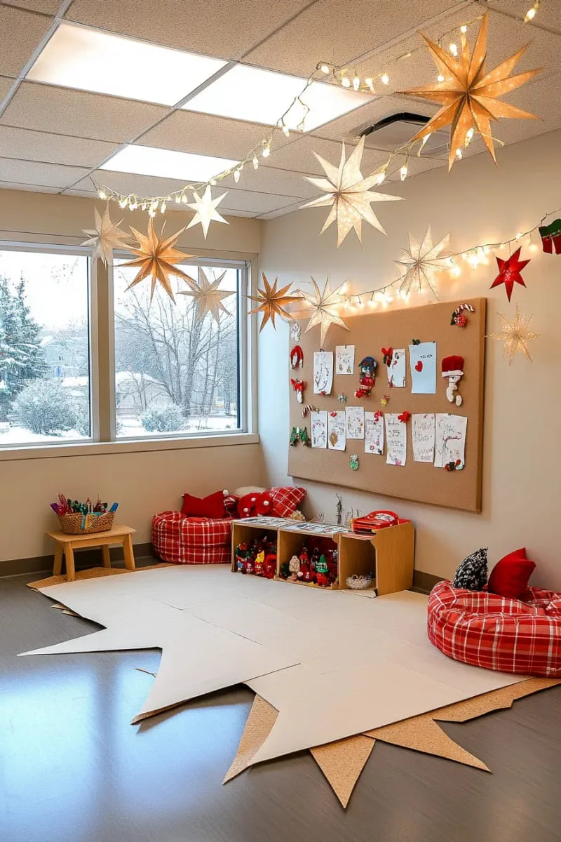 white felt garlands and 3d paper stars strung across the classroom ceiling 1