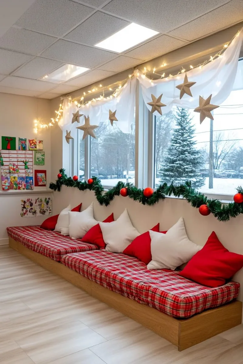 white felt garlands and 3d paper stars strung across the classroom ceiling 1