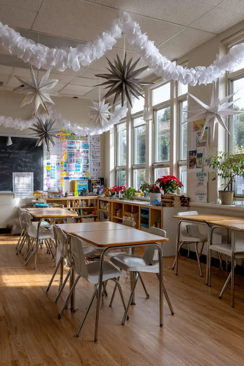 white felt garlands and 3d paper stars strung across the classroom ceiling 1