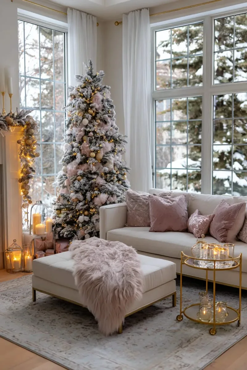 white flocked christmas tree with blush pink and gold ornaments 1