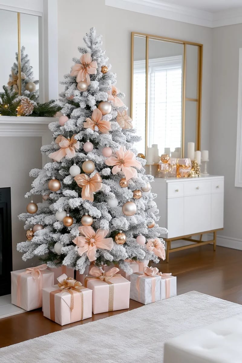 29 Pretty Christmas Decorations for a Magical Holiday Season 4 white flocked christmas tree with blush pink and gold ornaments 1