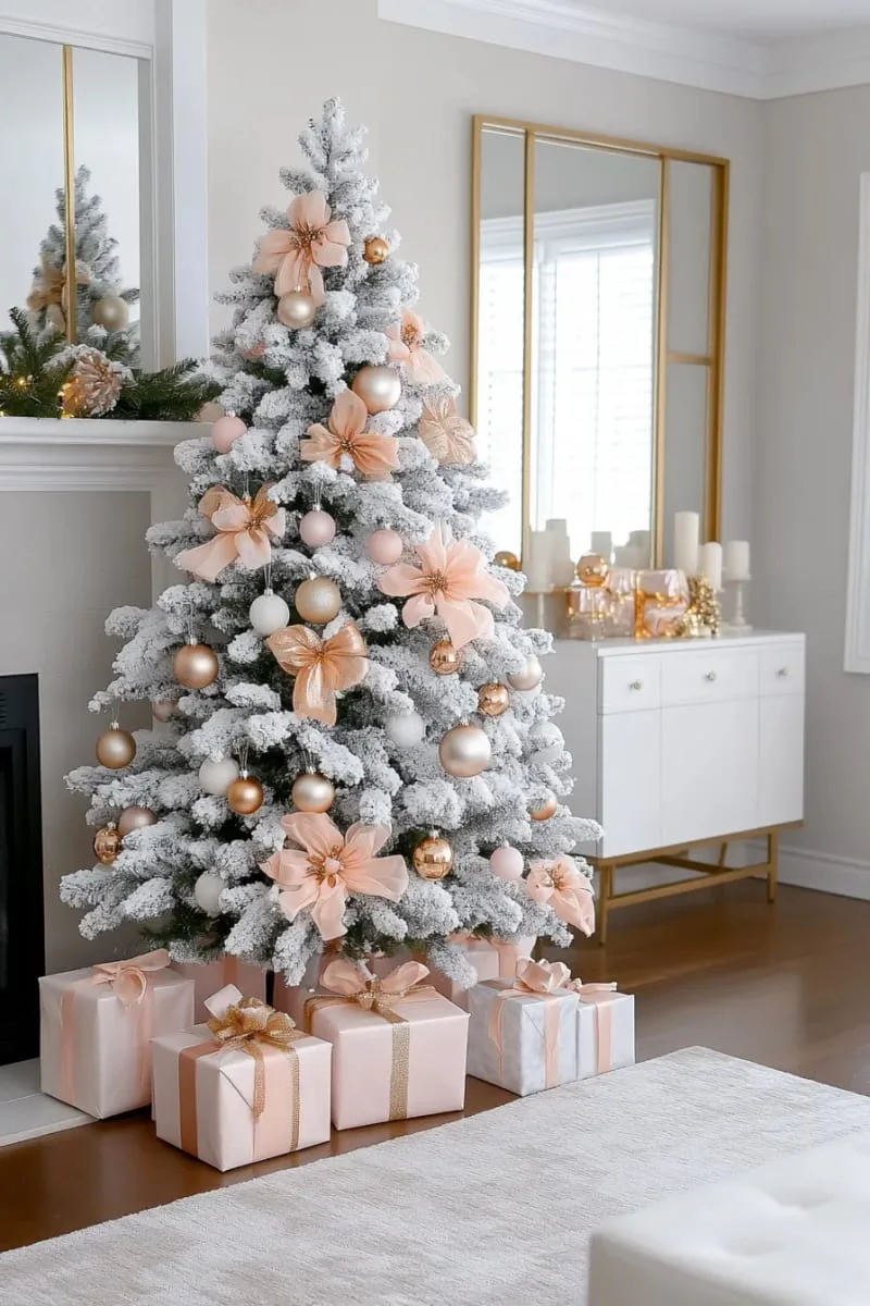 white flocked christmas tree with blush pink and gold ornaments 1