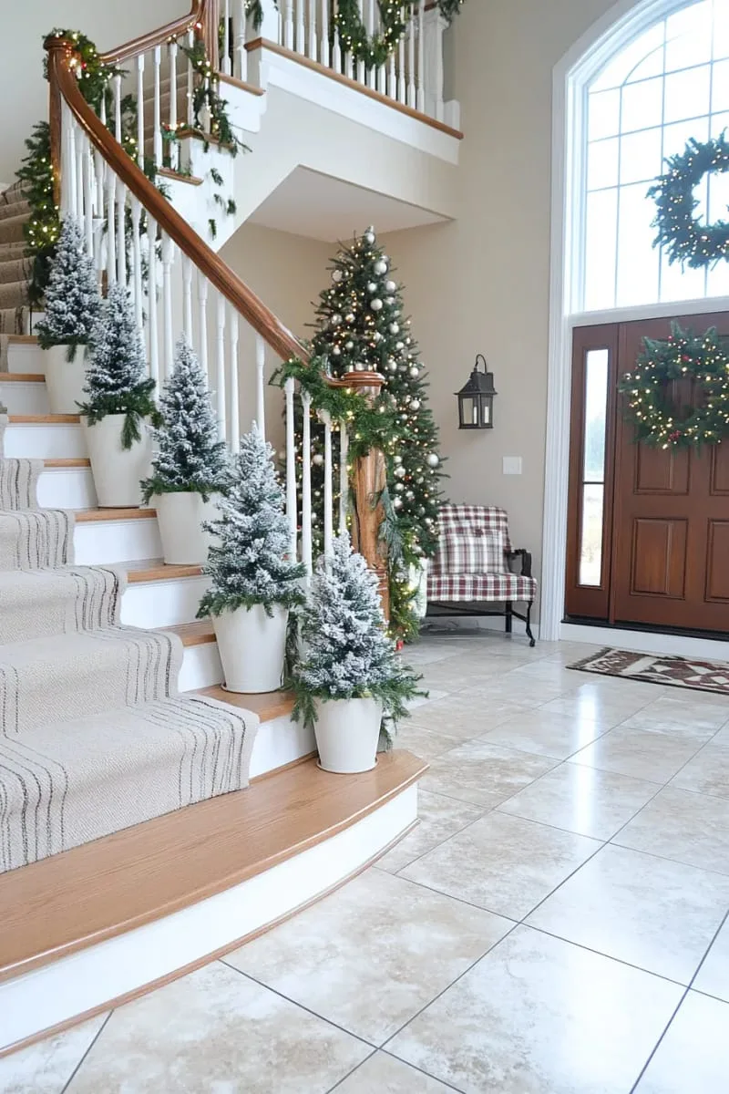 25 New Gorgeous White Christmas Decor Ideas That Wow 41 white flocked mini christmas trees on each step of the staircase 1