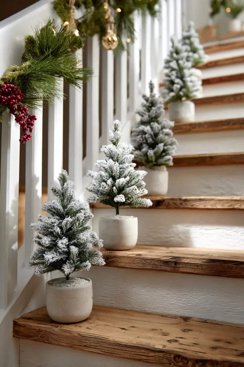 25 New Gorgeous White Christmas Decor Ideas That Wow 42 white flocked mini christmas trees on each step of the staircase 1