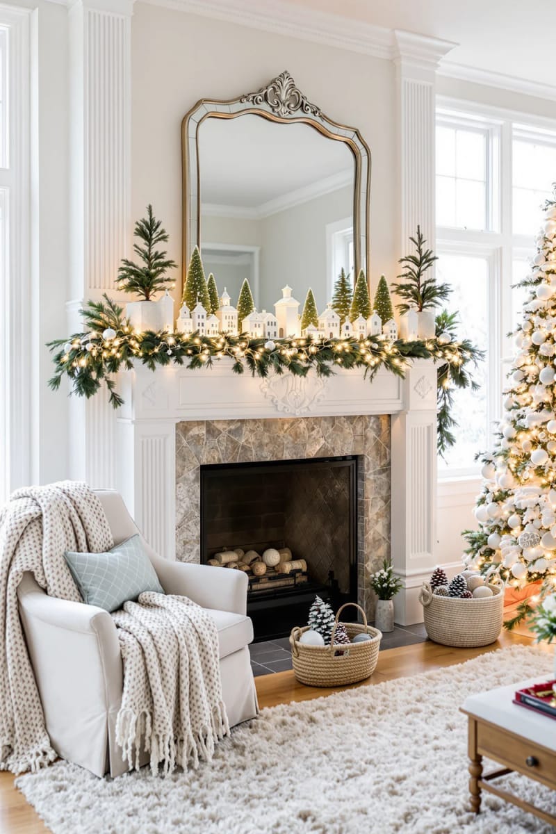 white houses and tiny green trees lining a cozy fireplace mantel 1