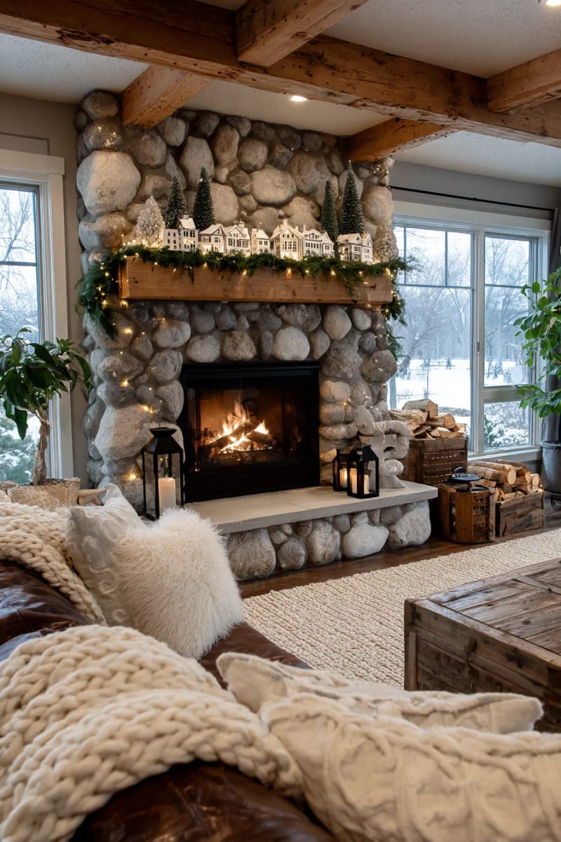 white houses and tiny green trees lining a cozy fireplace mantel 1