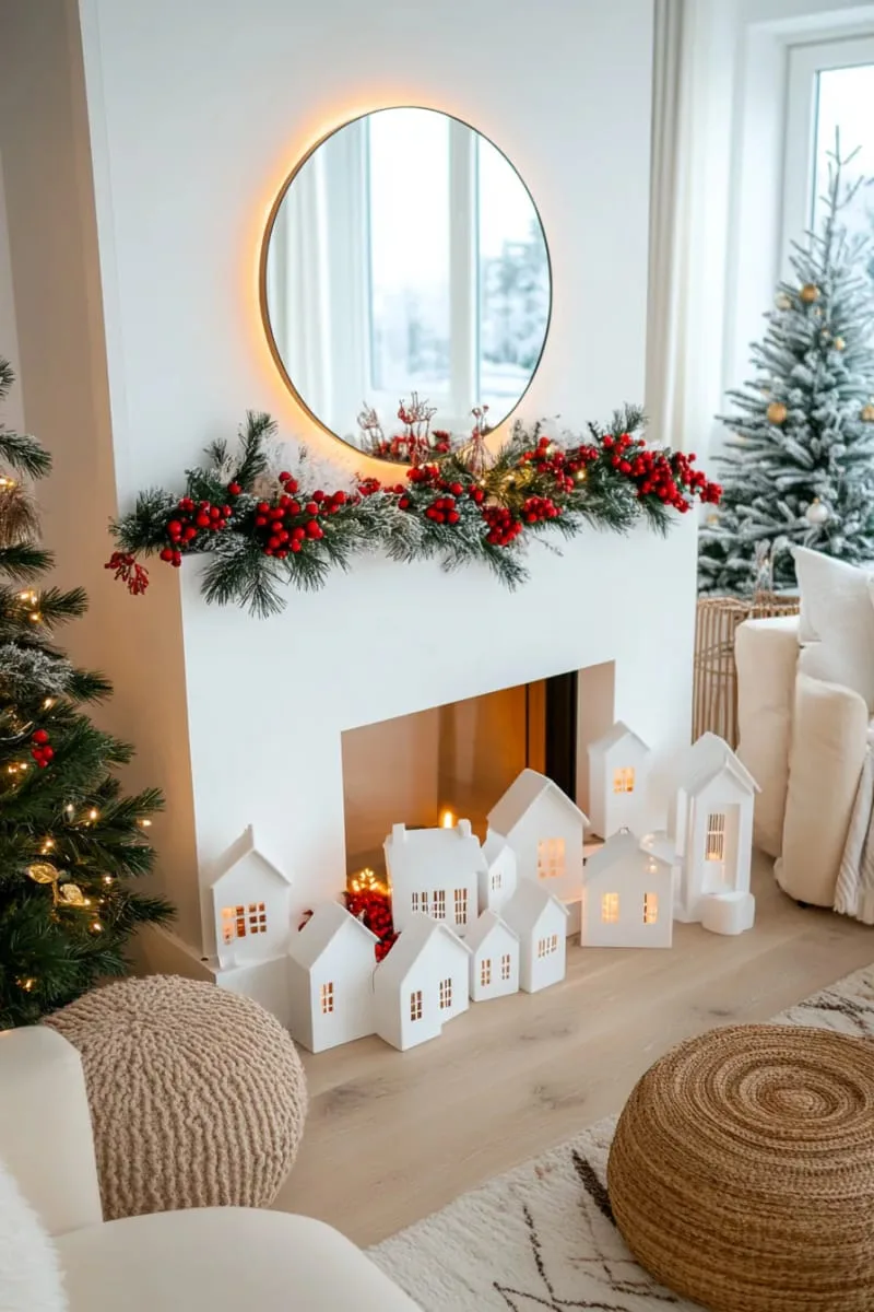white houses, red berries, and snowy branches for a scandinavian vibe 1