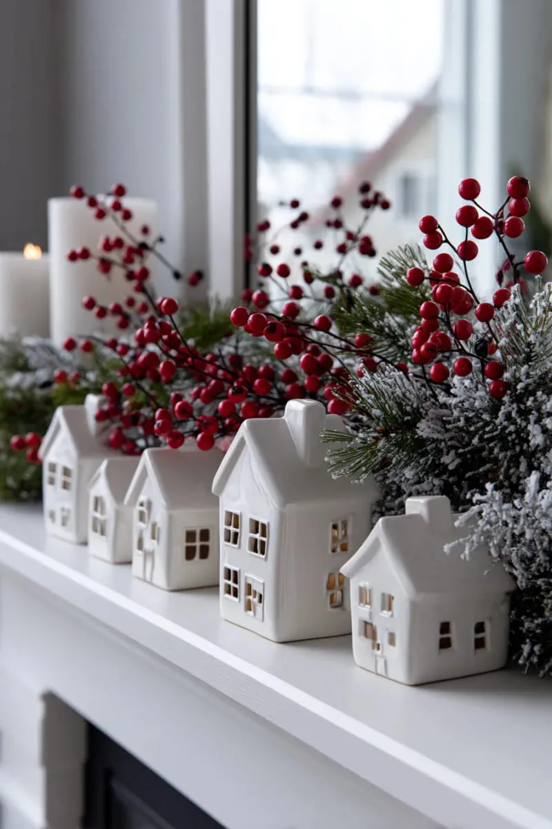 white houses, red berries, and snowy branches for a scandinavian vibe 1