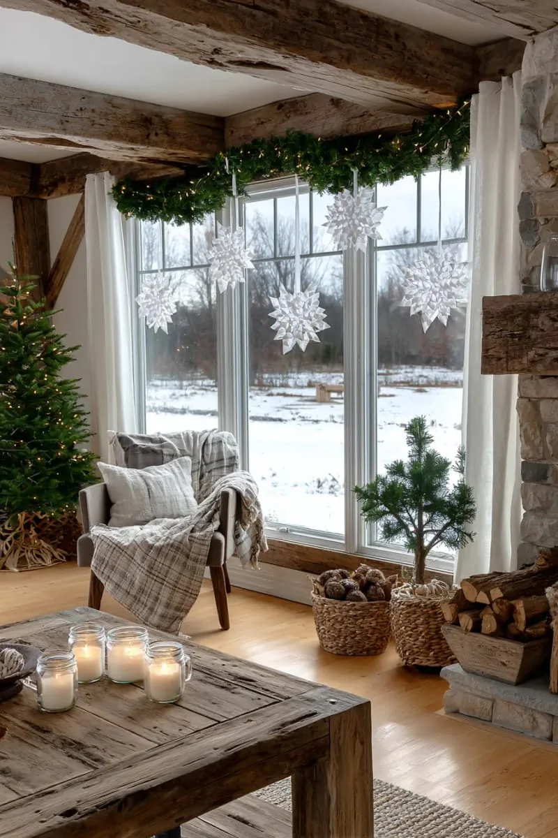 29 Simple Christmas Decor Ideas for a Beautiful Holiday Season 30 white origami snowflakes hanging in front of a window 1