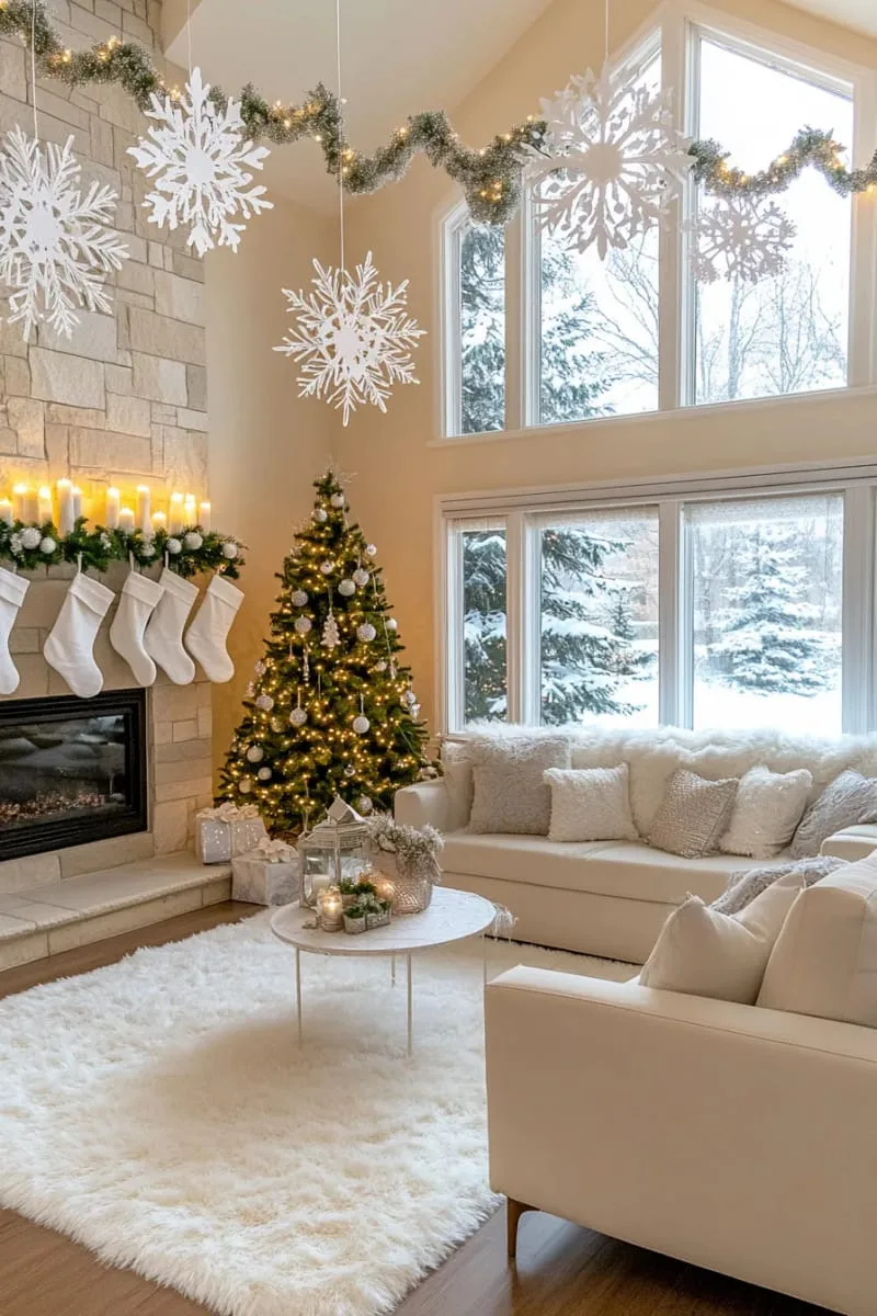 white paper snowflakes cascading from the ceiling for a snowy indoor wonderland 1
