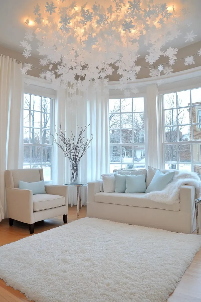 white paper snowflakes cascading from the ceiling for a snowy indoor wonderland 1