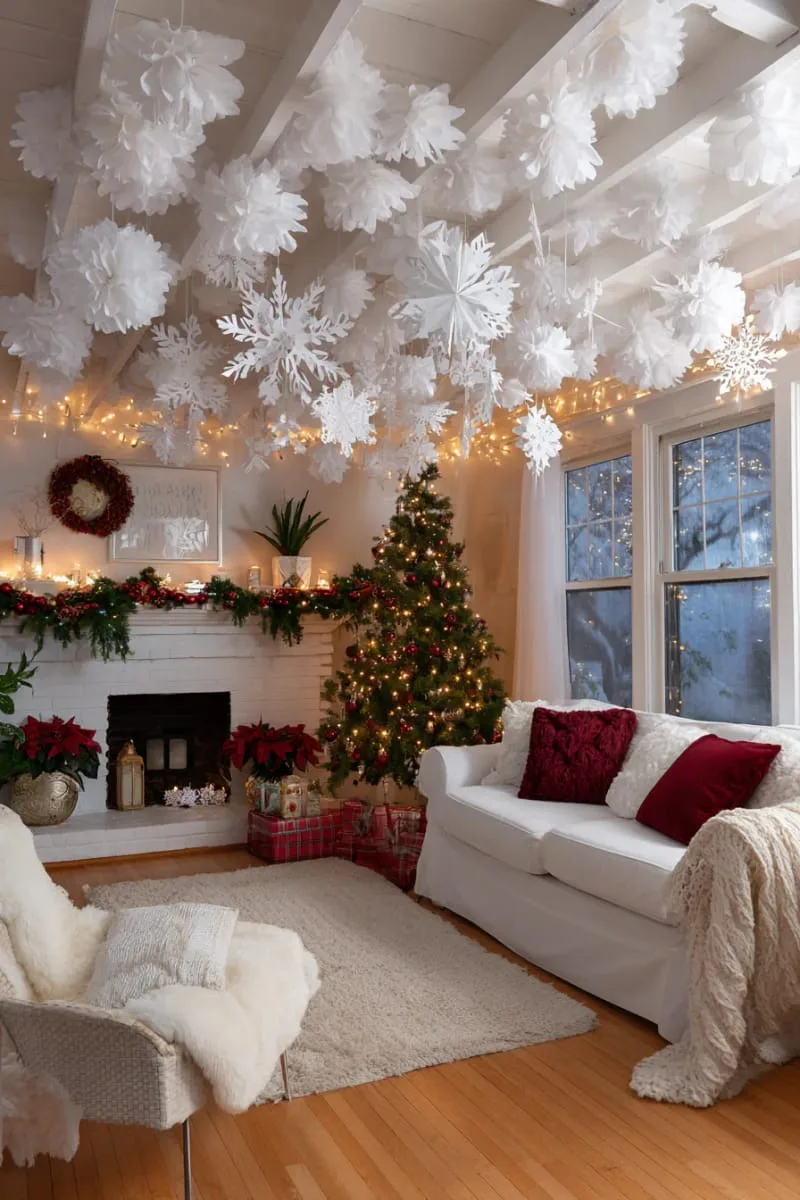white paper snowflakes cascading from the ceiling for a snowy indoor wonderland 1