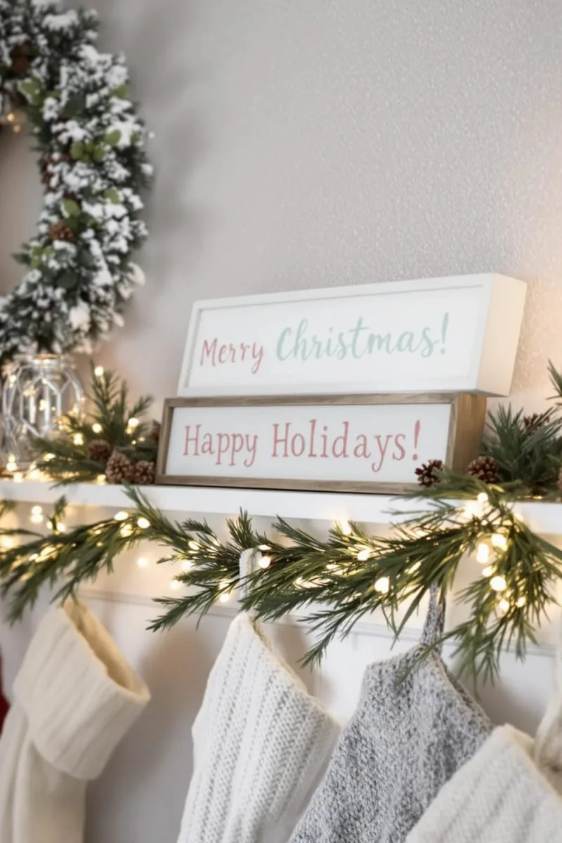 white shelf with hand-lettered holiday signs and soft knit stockings 1