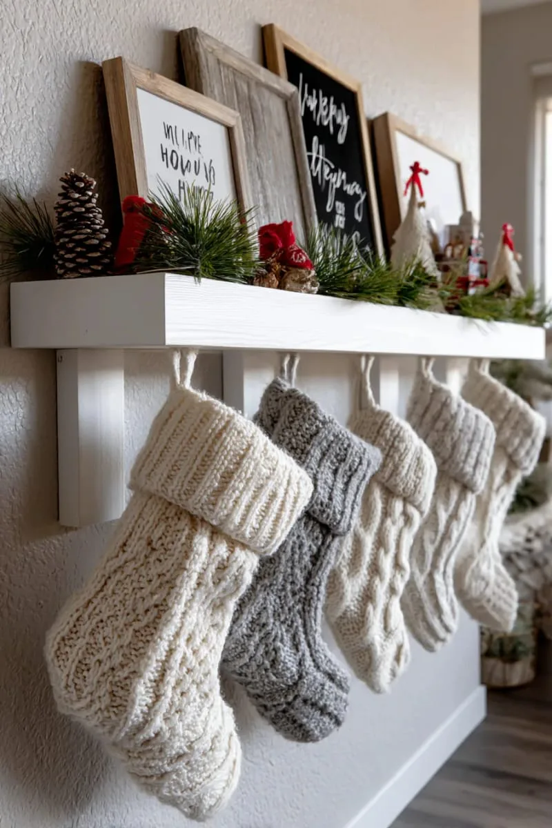 white shelf with hand-lettered holiday signs and soft knit stockings 1