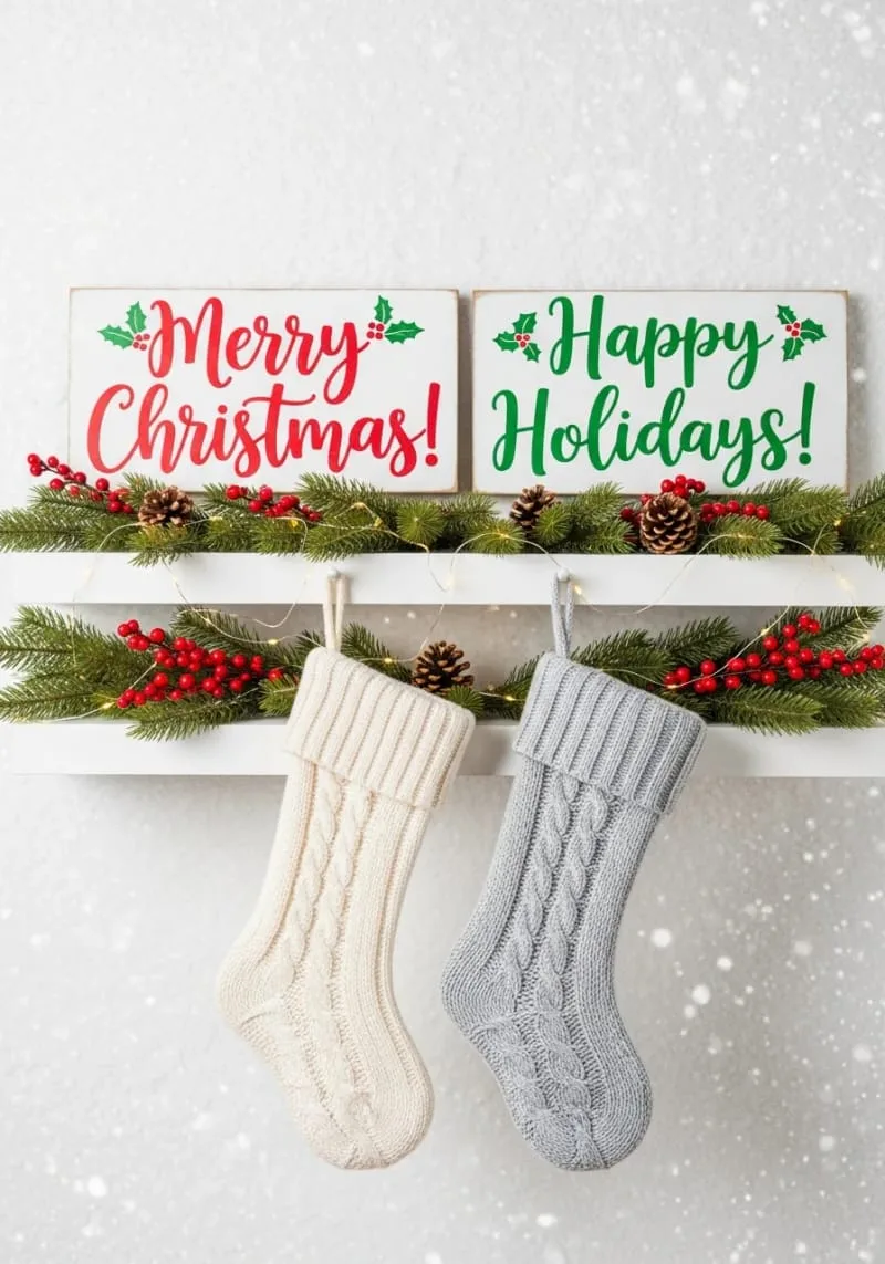 white shelf with hand-lettered holiday signs and soft knit stockings 1
