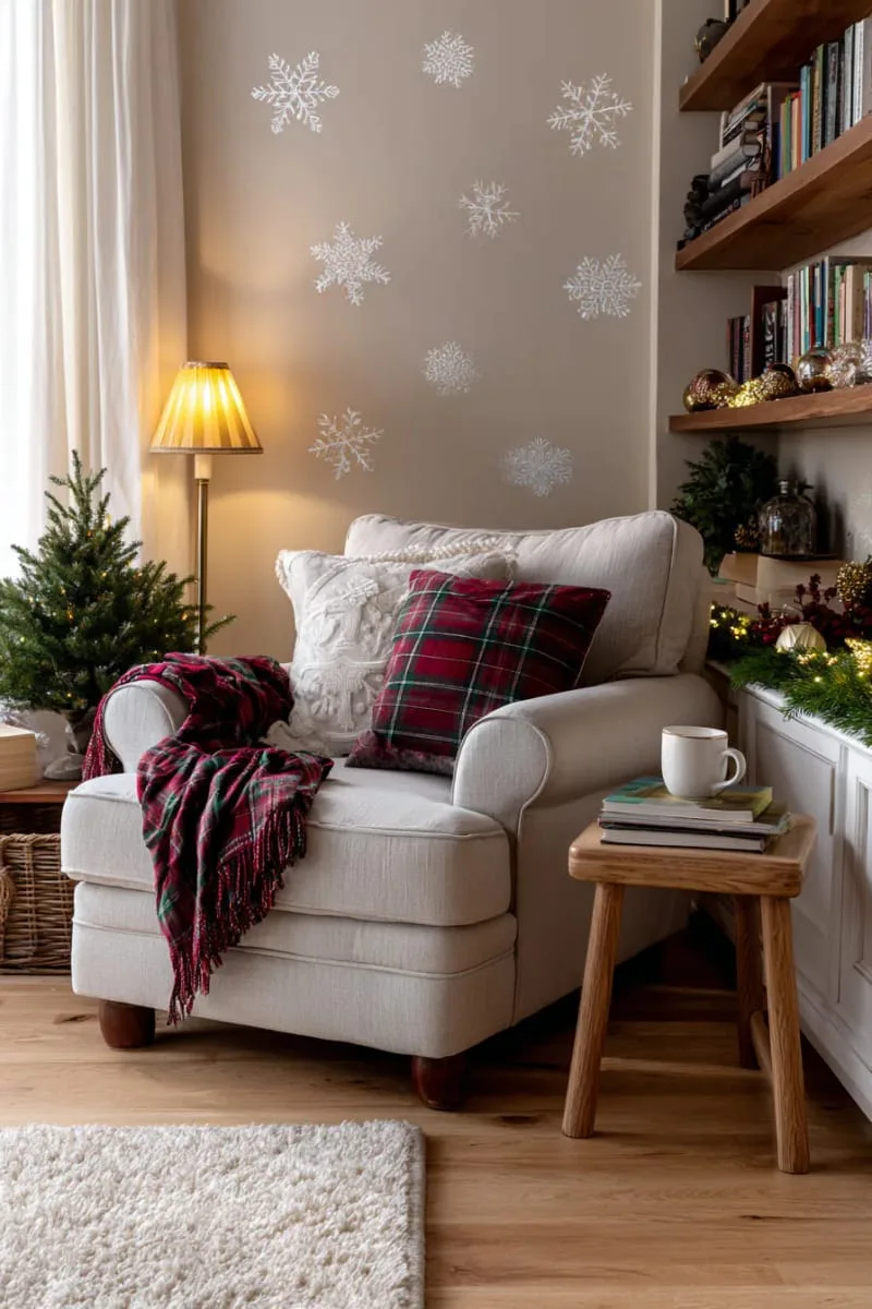 white snowflake wall decals scattered around a cozy reading nook 1