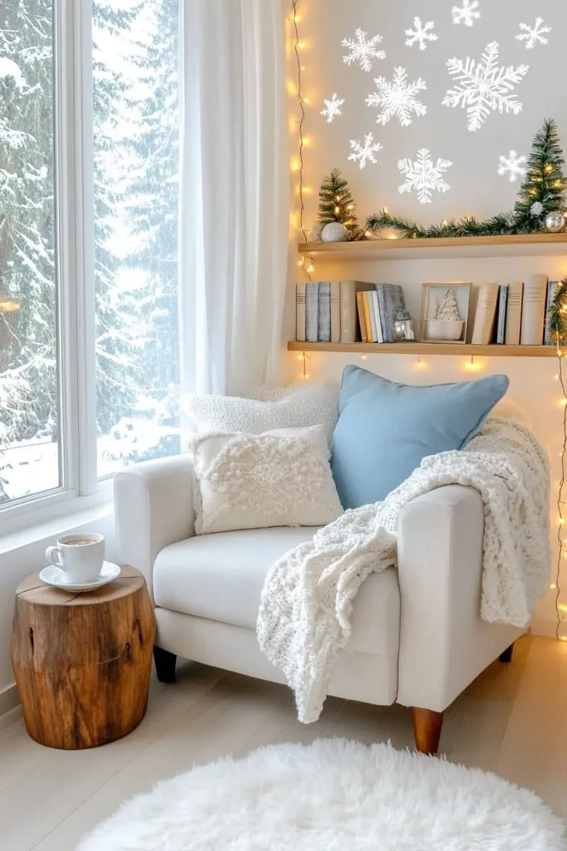white snowflake wall decals scattered around a cozy reading nook 1